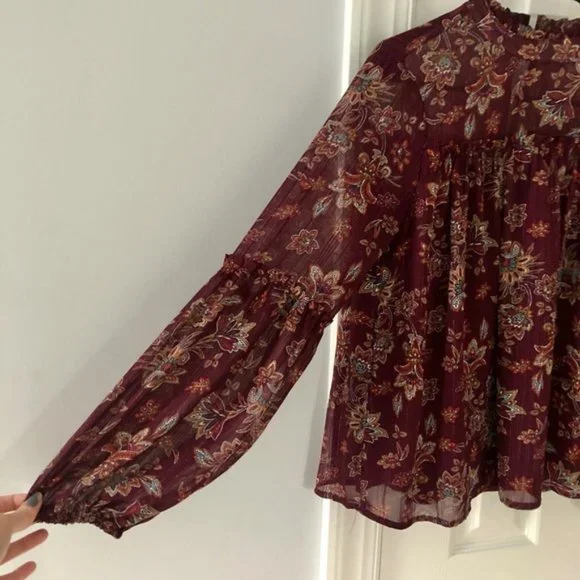 Blue Rain Floral heer Balloon Sleeve Boho Blouse - Picture 4 of 4